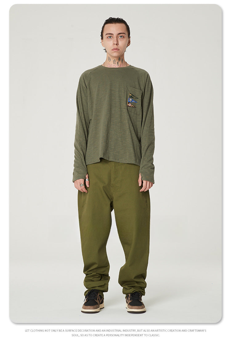 Japanese Style Flag Embroidery Loose Round Neck Men's Versatile Long Sleeve T-Shirt