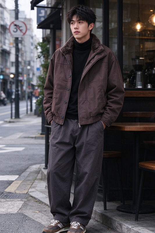 Faux Fur-Lined Jacket – Stand Collar & Gathered Hem | Yamalin clothes | Vintage workwear outfit for men