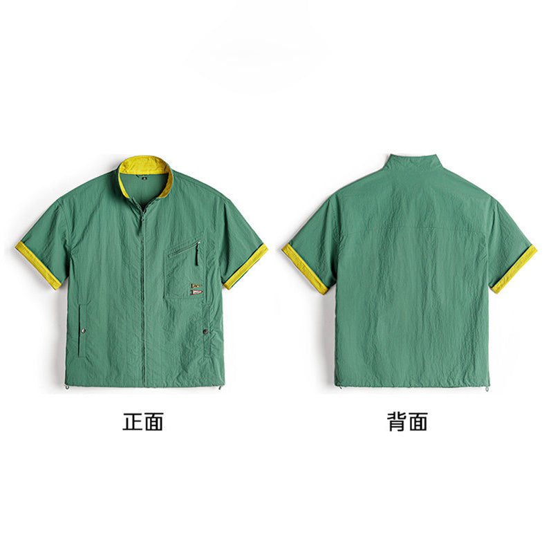 American Vintage Mountain Embroidered Stand Collar Shirt - Lightweight Multi-Pocket Short Sleeve Outdoor Shirt for Men