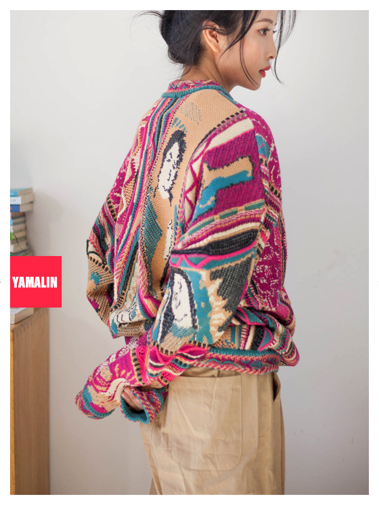 Rose Portrait Red Pullover Sweater - Japanese Retro Knit with Floral Motif