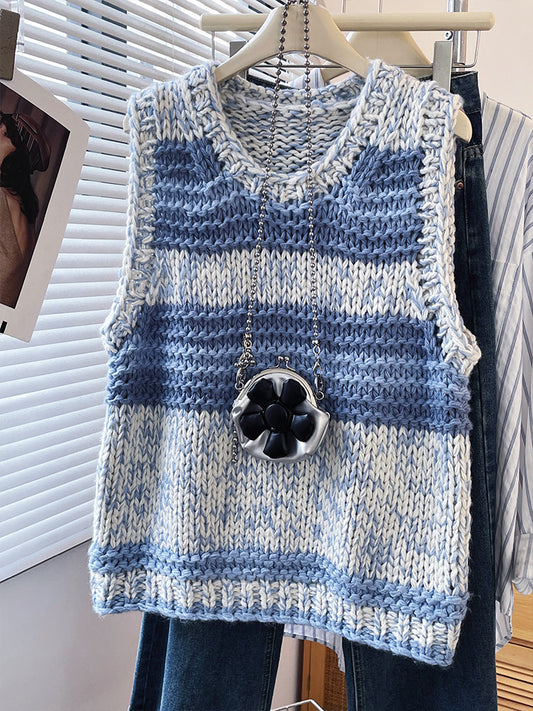 Blue Striped Chunky Knit Vest – Vintage Loose Preppy Sweater Top