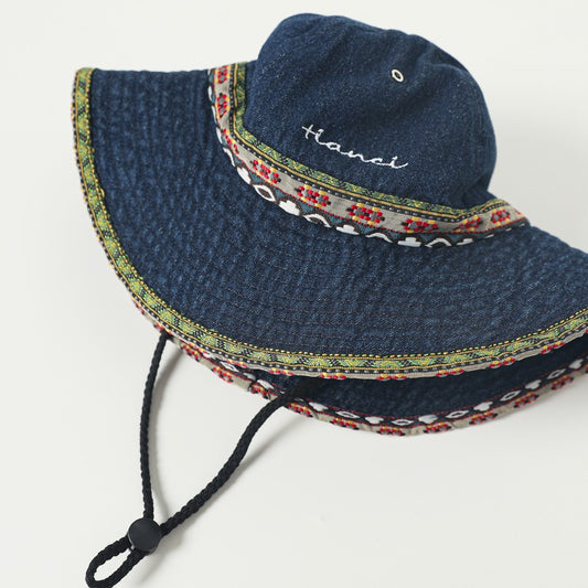 Ethnic style retro denim bucket hat for women, summer outdoor sun protection hat, camping, hiking, fishing, sun hat for men