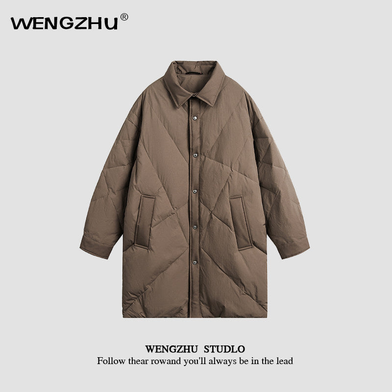 "Designer Brand" Unisex Diamond Plaid Lapel Down Jacket Mid-length Jacket Trendy