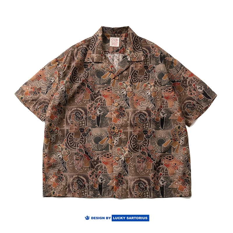 Chinese style elements, traditional Sichuan opera, face painting, shadow puppet play elements, printed ice sense Tencel, Cuban collar loose shirt, men and women