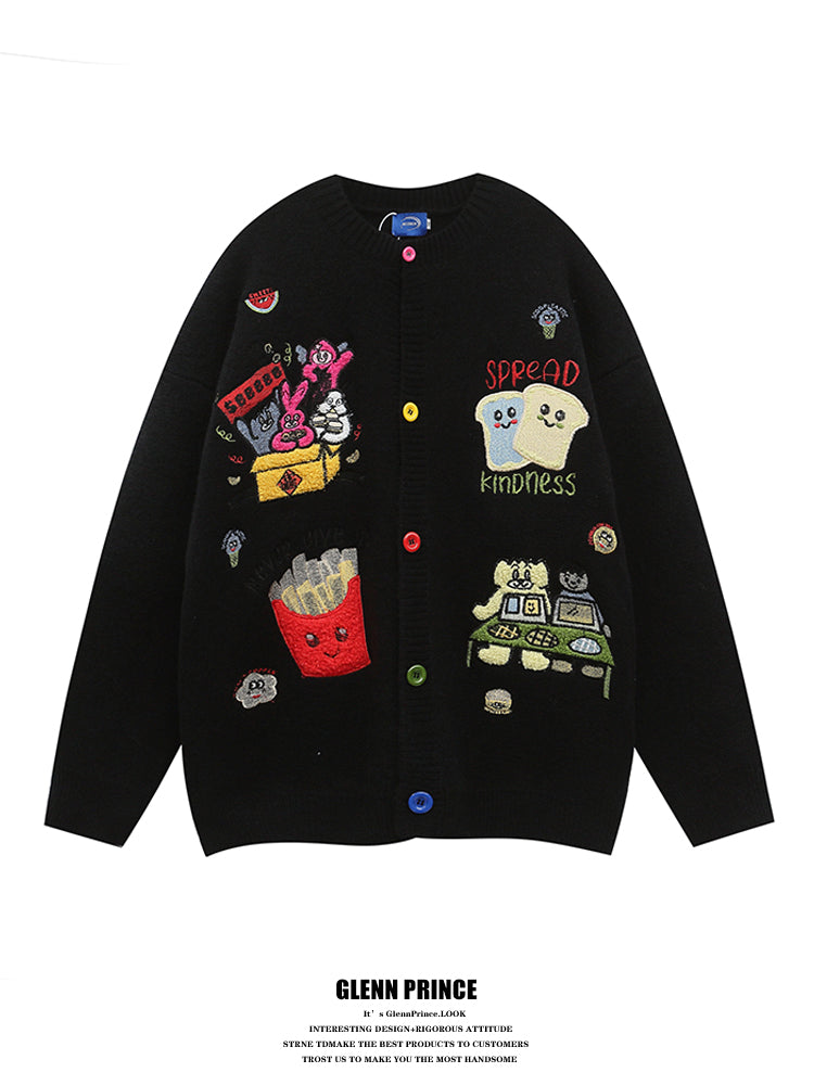 American fashion brand fun cartoon patch embroidered cardigan sweater men's winter age reduction lazy knit jacket