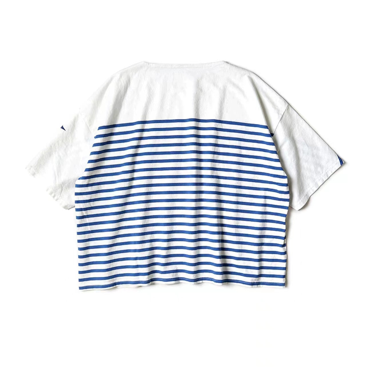 Blue and white striped loose three-flag five-point sleeve round neck short-sleeved T-shirt