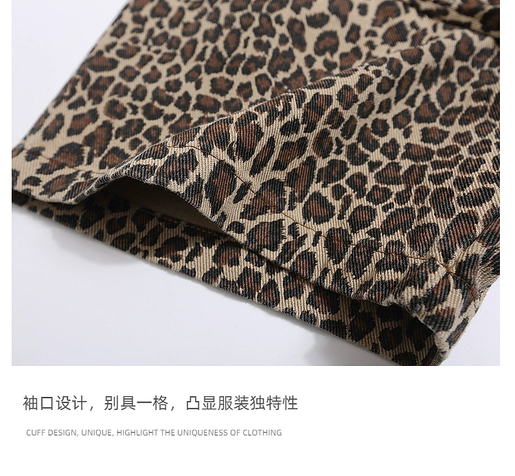 hip-hop American retro vintage leopard print polo collar denim short-sleeved men's and women's trendy brand fried street heavy shirts