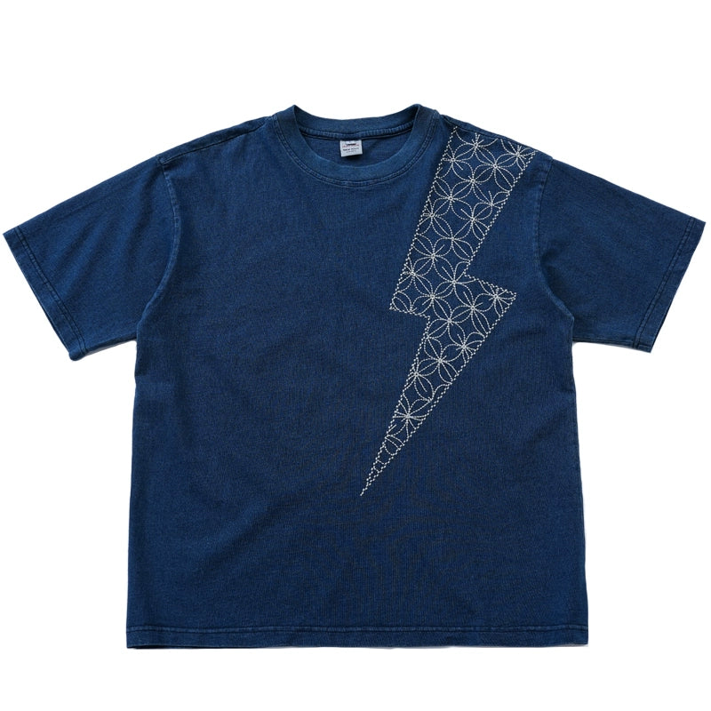 Japanese vintage men's lightning embroidery washed blue dyed denim men's top short sleeve crewneck T-shirt men's and women's t-shirts