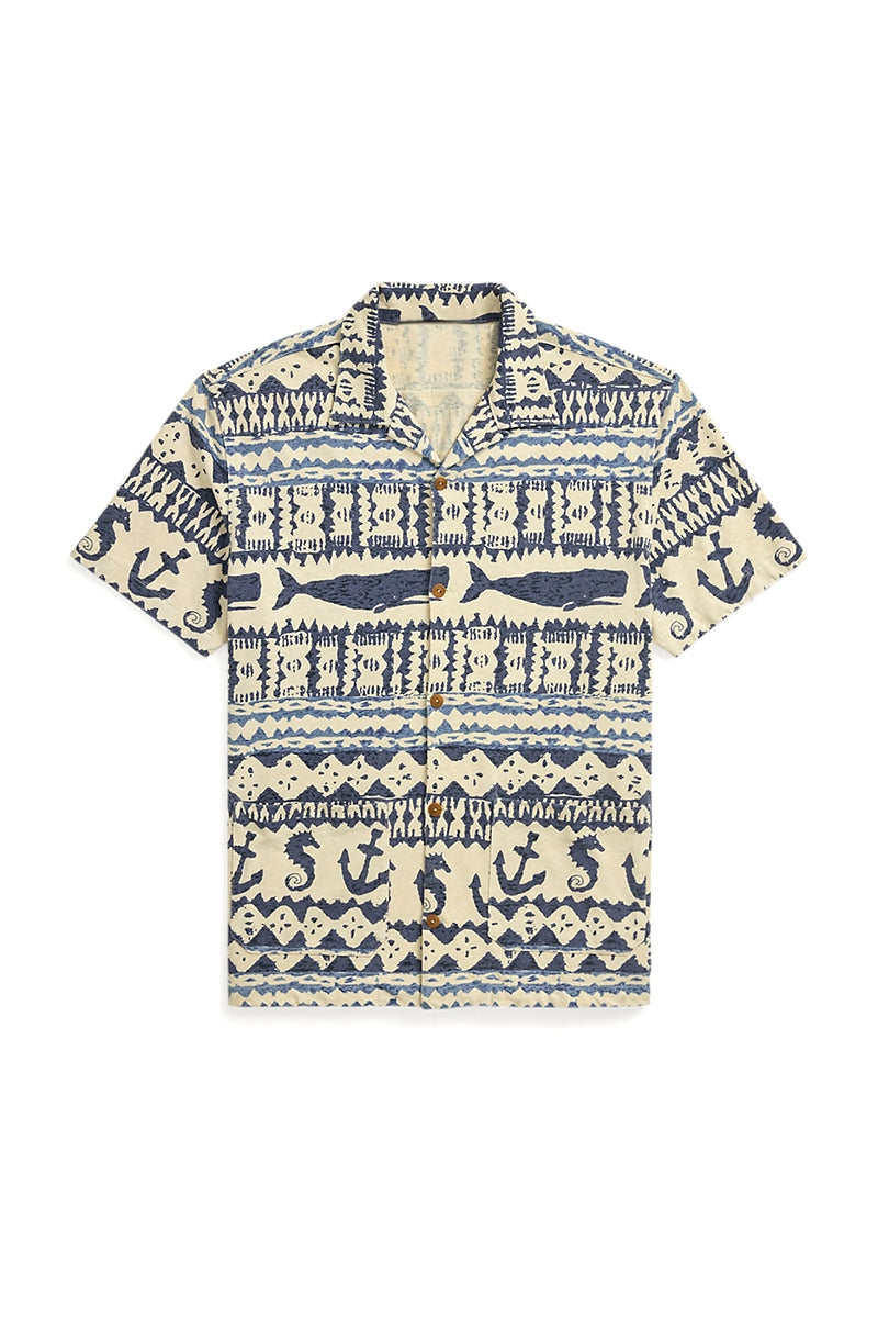 Japanese casual cotton and linen blend navy whale print Cuba collar short sleeve shirt
