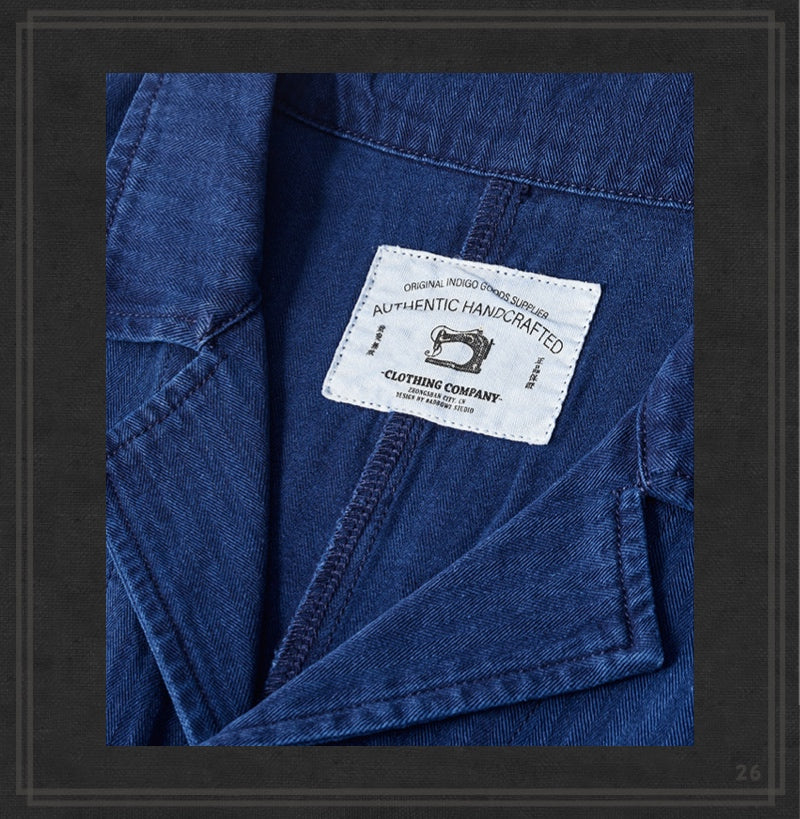 Japanese Retro Indigo Trench Coat - Herringbone Cotton Lightweight Long Coat for Spring/Fall