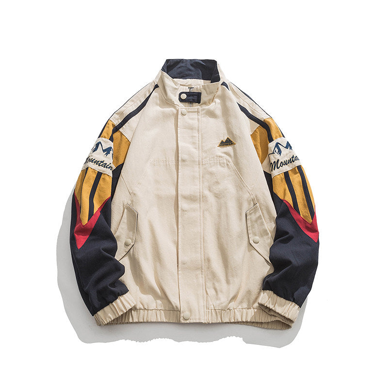 Color-Block Stand-Collar Jacket – Oversized Unisex American Retro | Yamalin clothes | Vintage workwear outfit for men