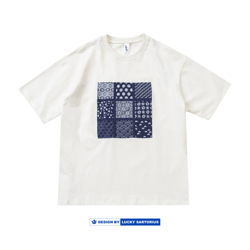 All cotton ethnic blue printed fabric nine-square check sticker printed T-shirt