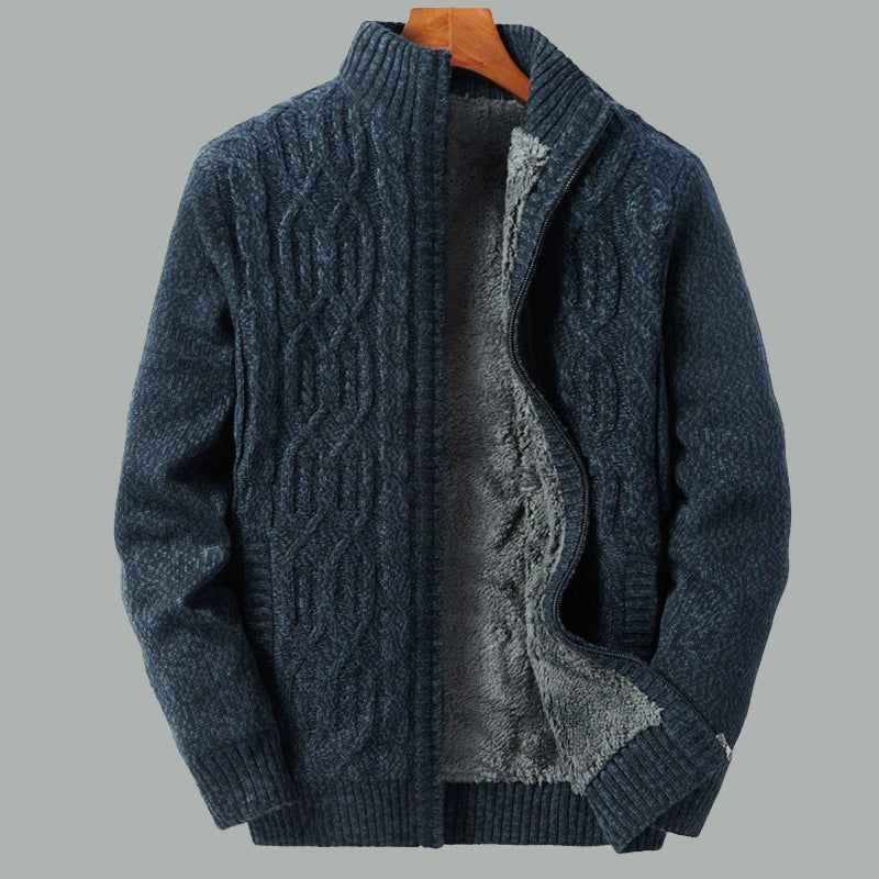 Temperament is stylish! Padded lamb fleece sweater men's winter stand-up collar jacquard knitted cardigan jacket
