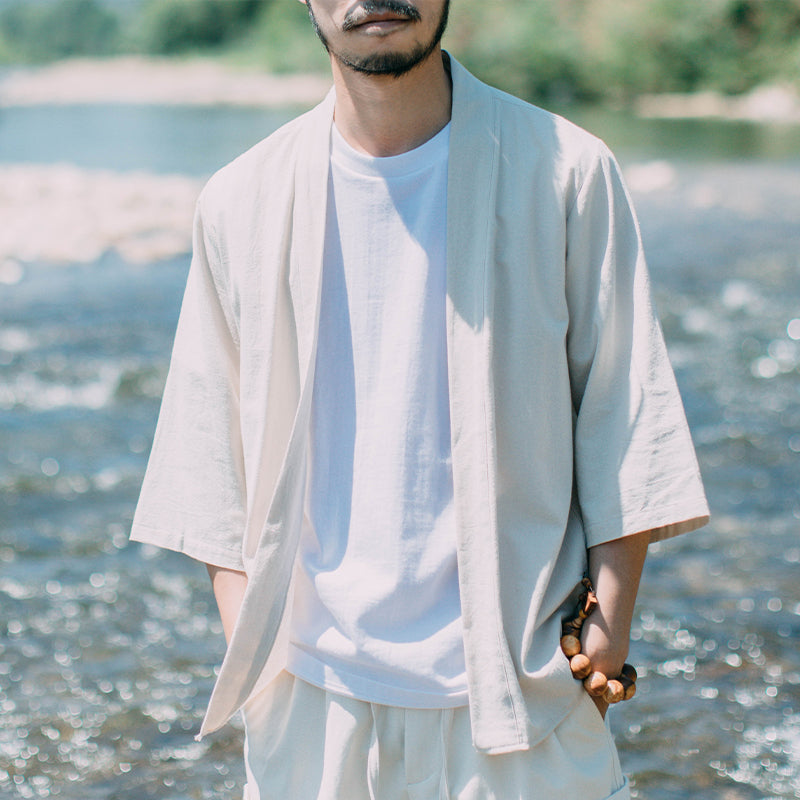 Chinese style solid color Hanfu cardigan kimono men's three-quarter sleeve feather jacket Japanese style Japanese style Japanese style robe