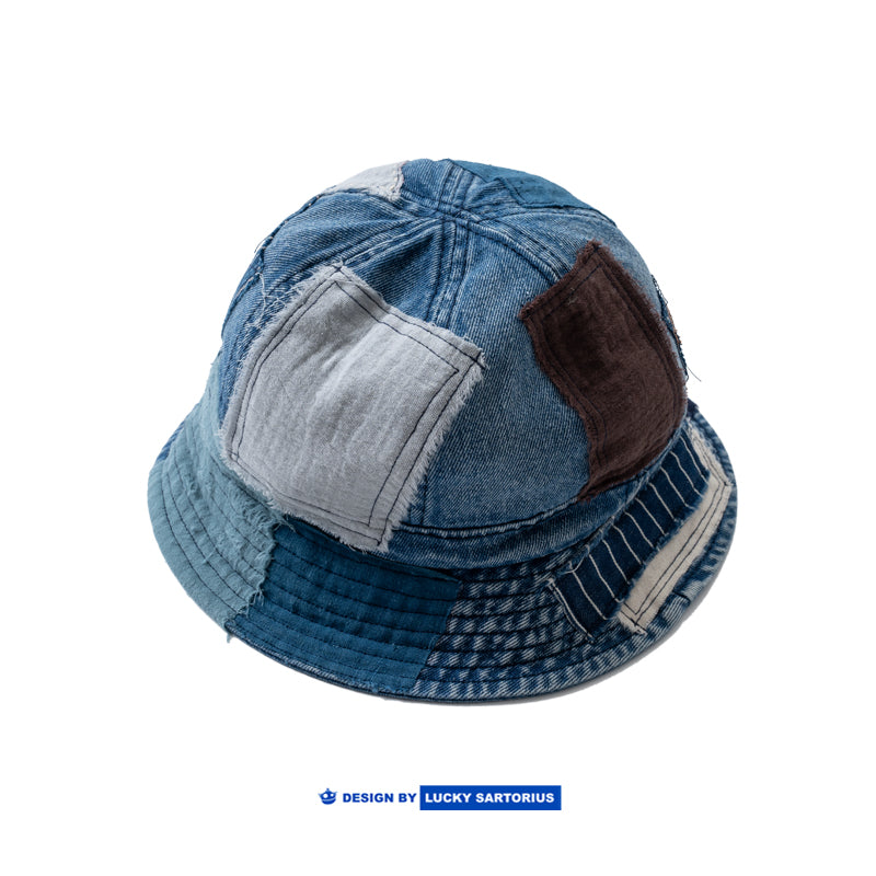 Indigo hand-made patch cloth thorn embroidered patch cowboy fisherman hat basin hat