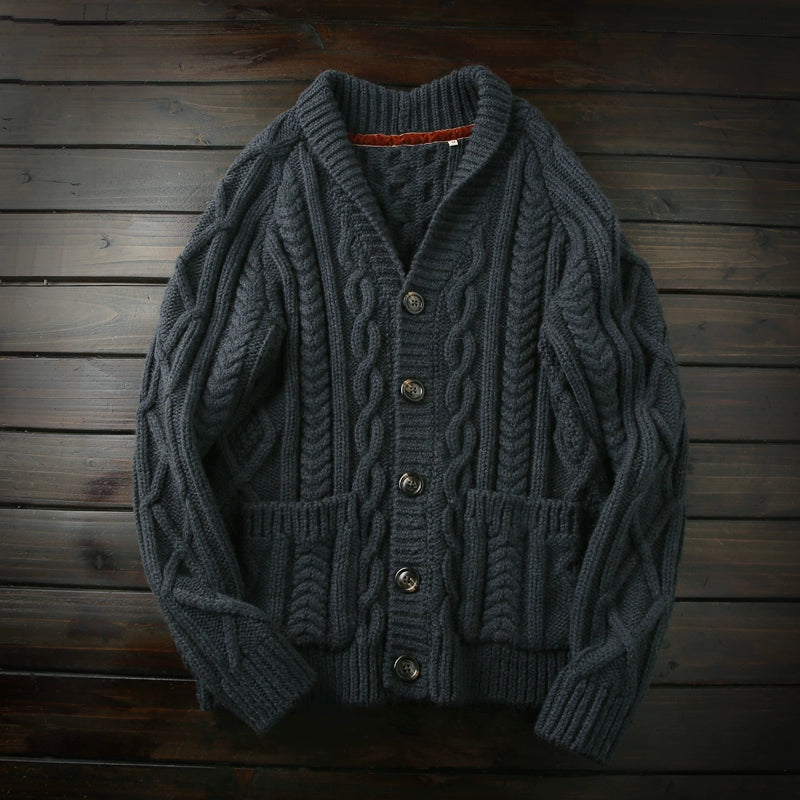 Rare and Heavyweight: 100% Wool Italian Order Men's Fall/Winter Thick Knitted Cardigan Sweater with Turn-Down Collar