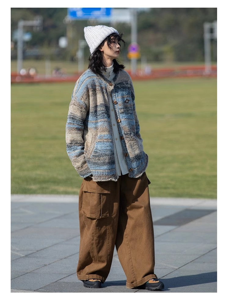 Japanese retro curled LOGO embroidery rainbow color gradient oil painting sweater jacket