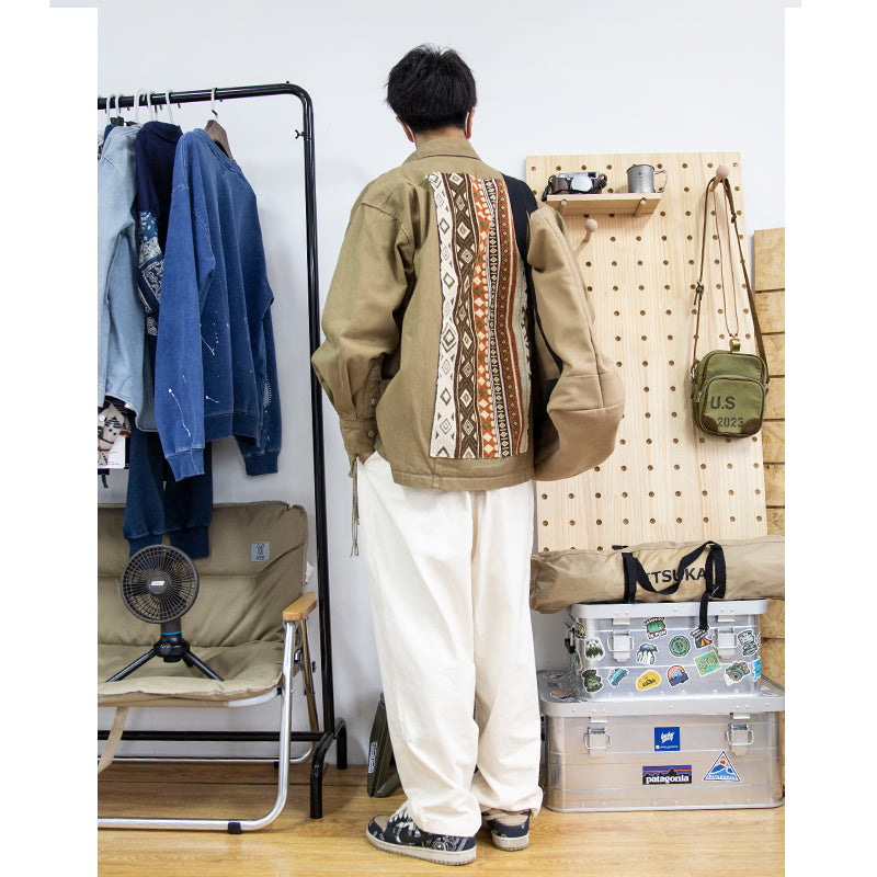 japanese ethnic cloth patchwork washed loose silhouette dropped shoulder sleeve jacket jacket men