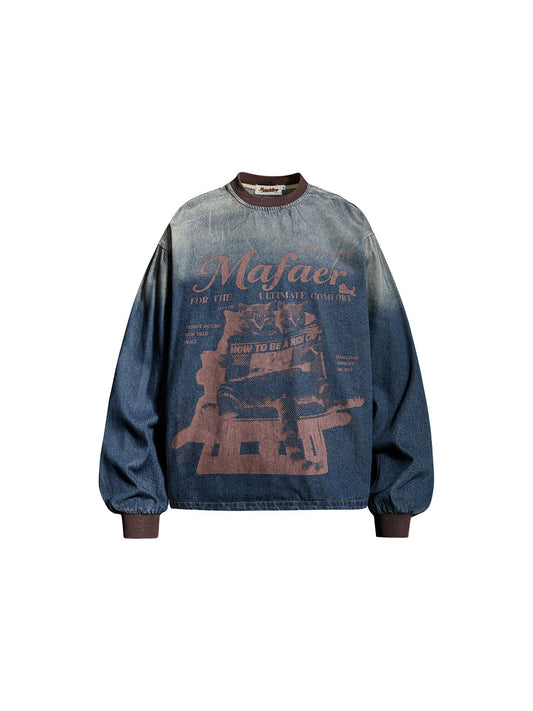 Washed Letter Print Denim Long Sleeve Sweatshirt – Loose Unisex American Vintage – Japanese vintage | yamalin clothes | Yamalinclothes