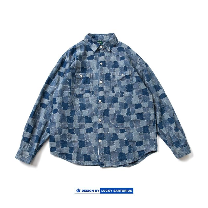 Autumn and winter Japanese patch plaid visual denim shirt cityboy loose version long-sleeved shirt jacket men's tide