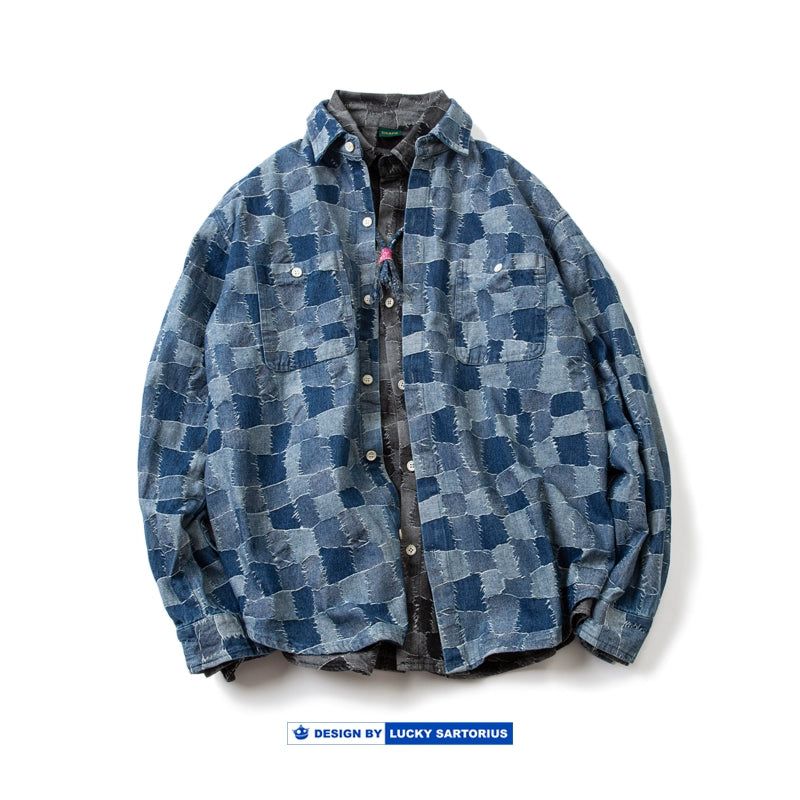 Autumn and winter Japanese patch plaid visual denim shirt cityboy loose version long-sleeved shirt jacket men's tide