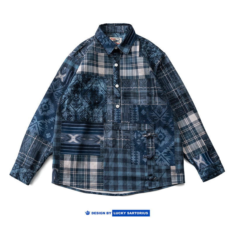 American retro Horner irregular plaid long sleeve shirt