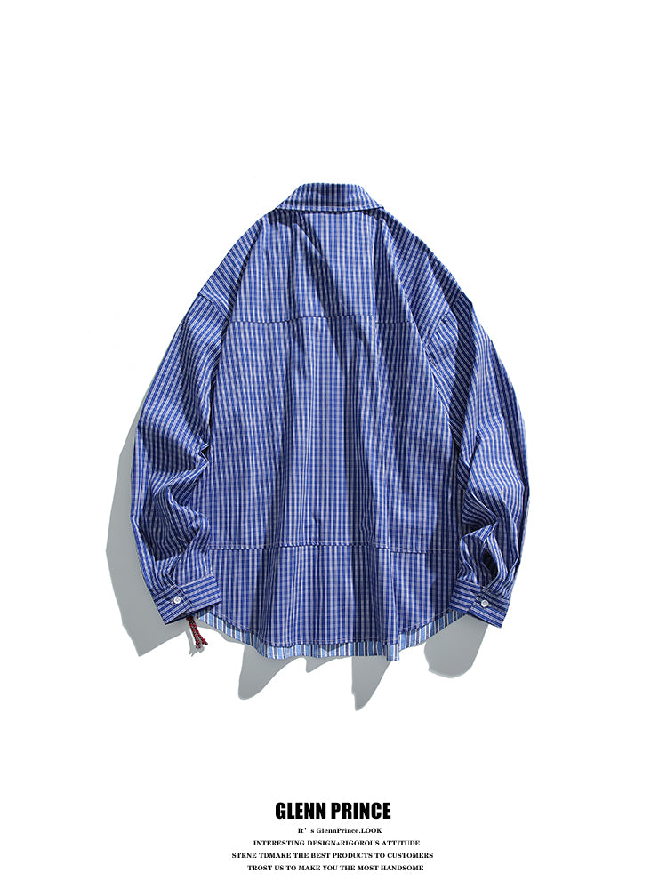 Japanese cityboy fake two-piece silhouette plaid shirt long sleeve men's retro loose couple coat