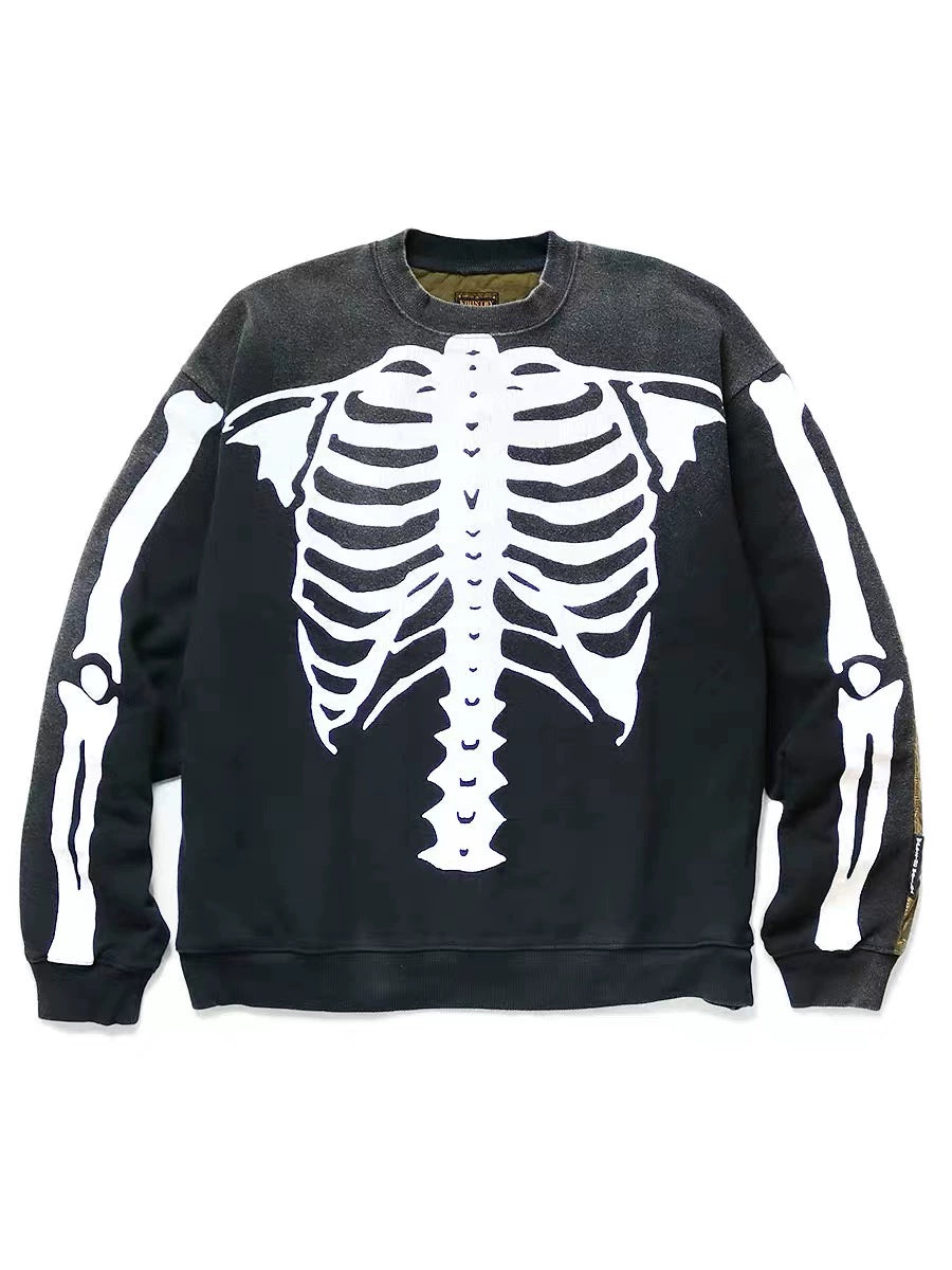 Cracked bone print distressed stitching Japanese retro round neck sweater
