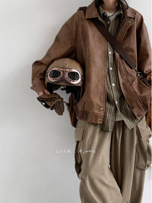 American Vintage PU Leather Moto Jacket – Unisex Loose Biker Coat