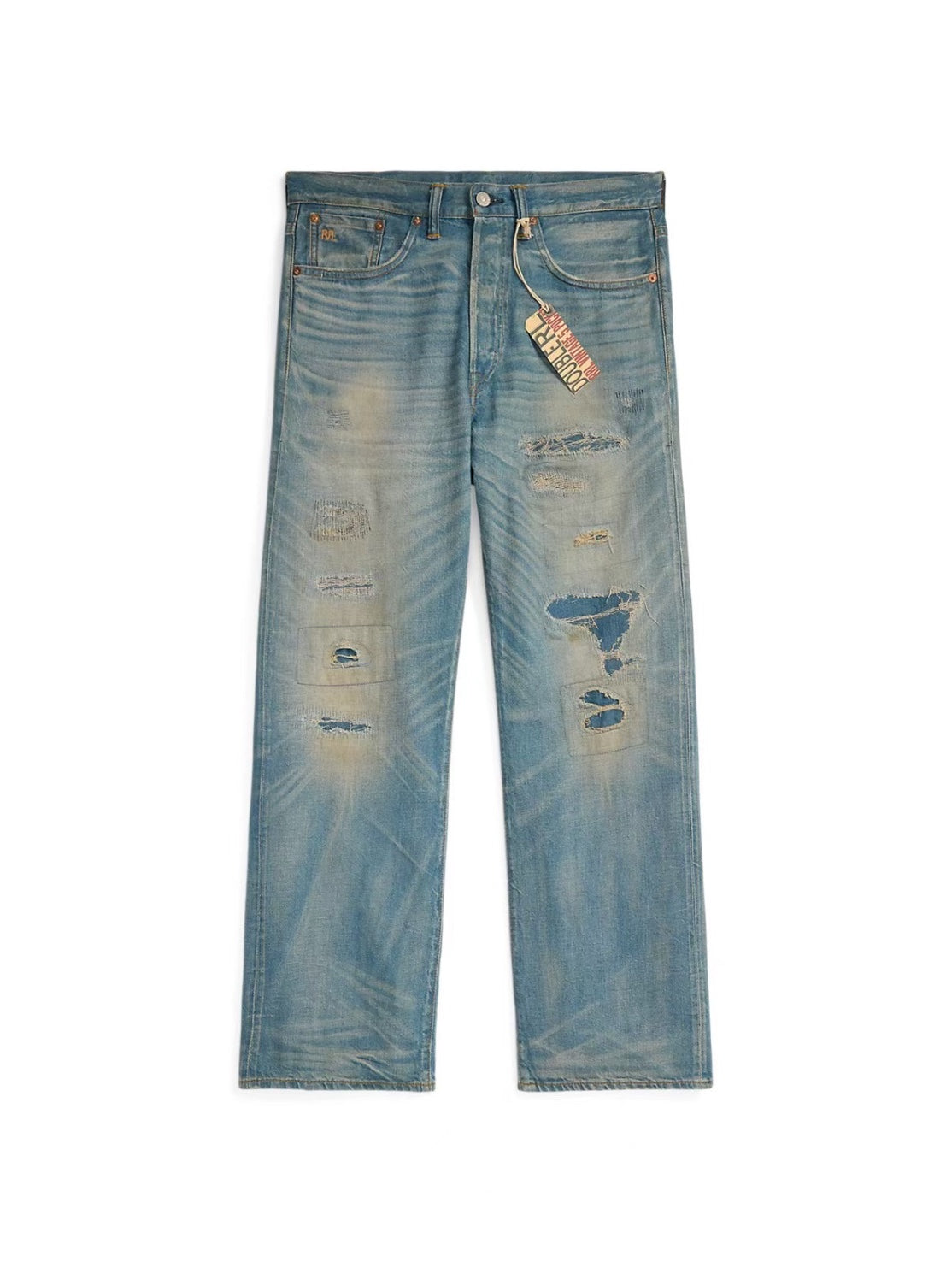 25SS Double R Japanese casual distressed vintage destruction embroidery reshuffled ripped straight-leg denim trousers