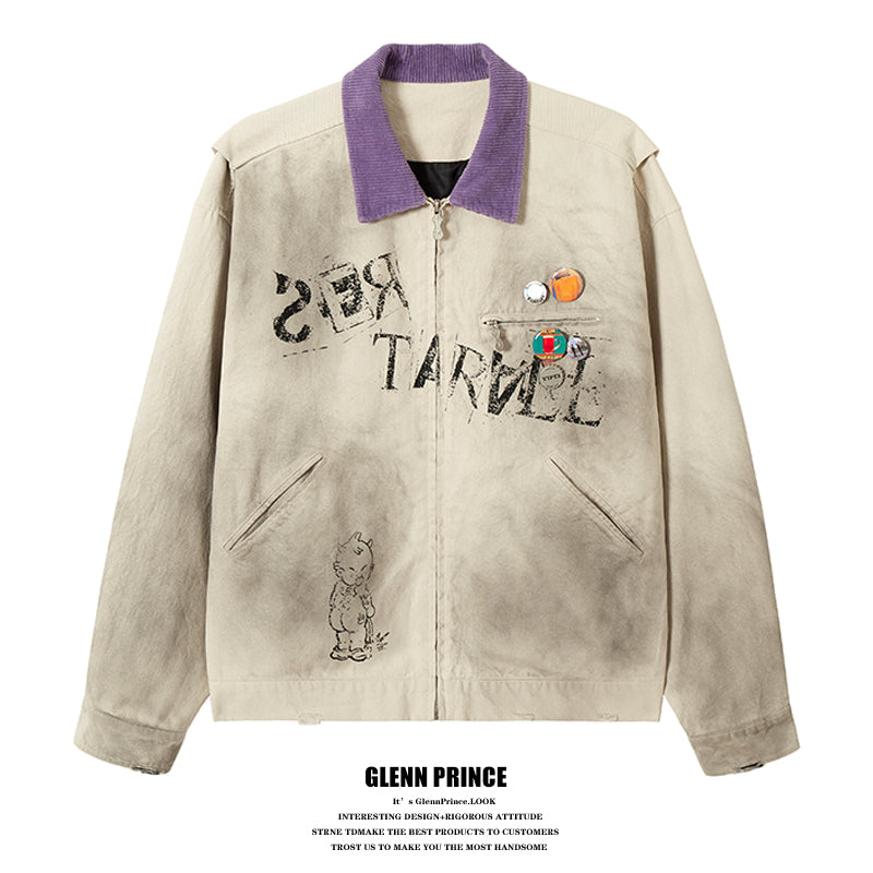 American vintage distressed graffiti contrast lapel Detroit jacket men's ruffian spring and autumn cargo coat