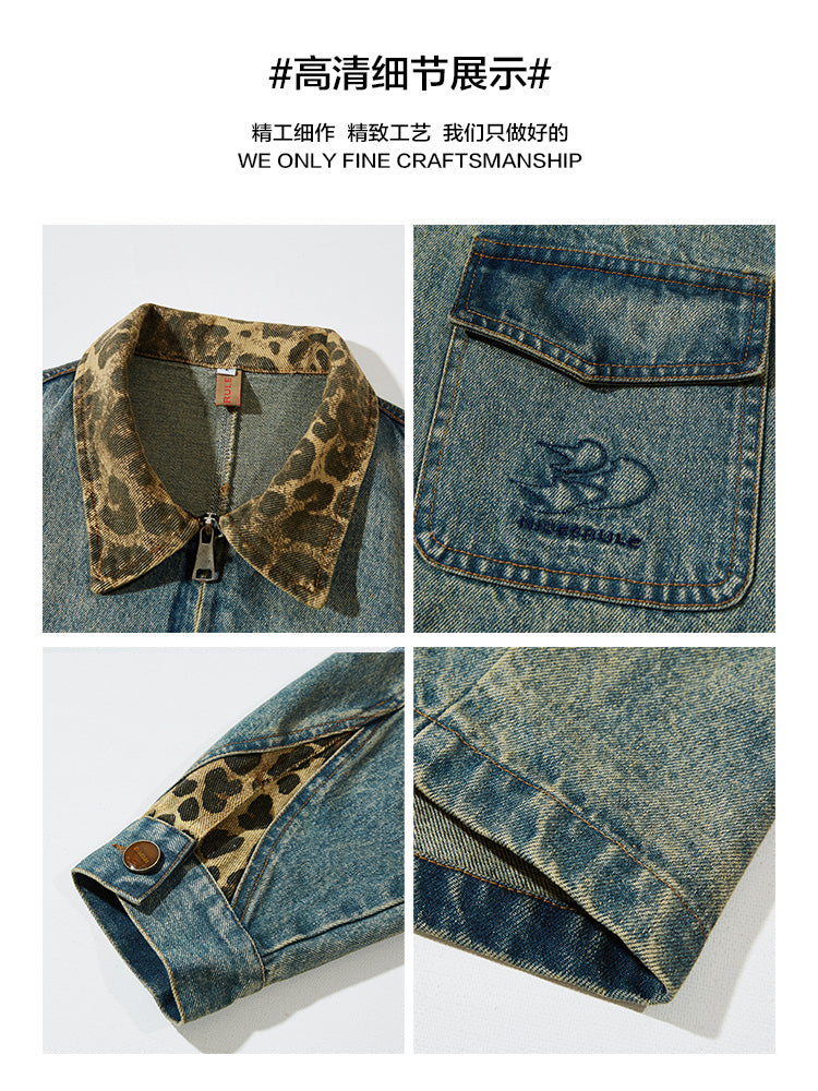 American Vintage Wash Panelled Leopard Print Lapel Denim Jacket Men's Spring Niche BF Baggy Jacket