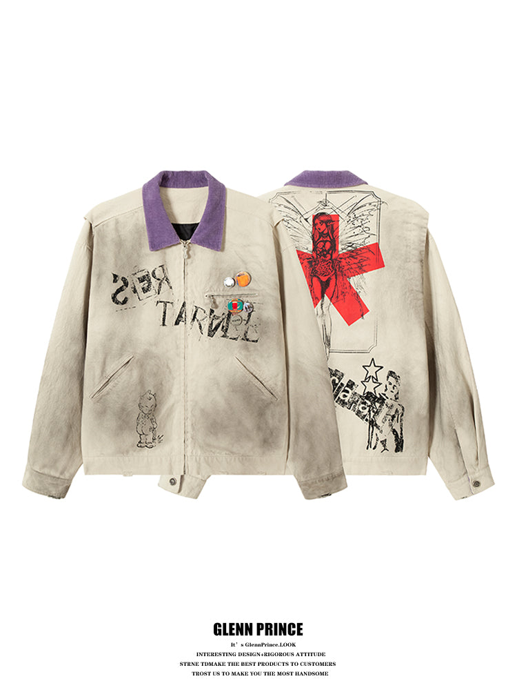 American vintage distressed graffiti contrast lapel Detroit jacket men's ruffian spring and autumn cargo coat