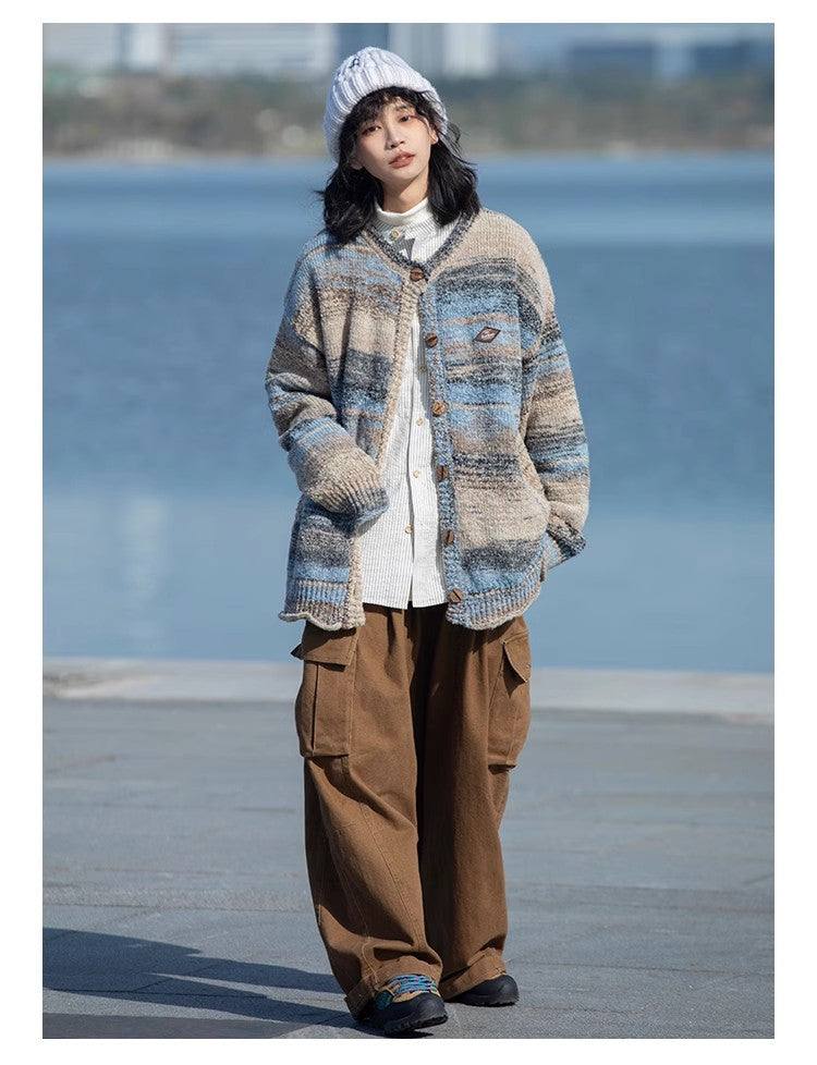 Japanese retro curled LOGO embroidery rainbow color gradient oil painting sweater jacket