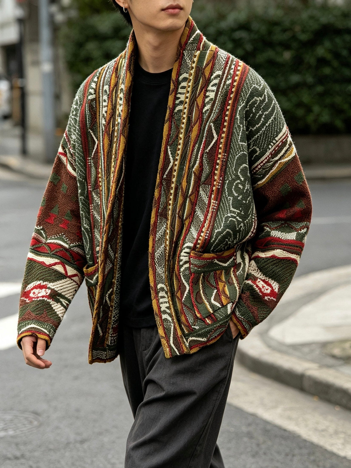Cotton Jacquard Cardigan – Textured Open Front | Yamalin clothes | Vintage workwear outfit for men