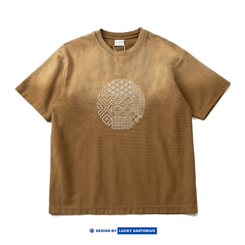 Japanese vintage Tee heavy gradient wash retro elements embroidery loose version round neck fit short sleeve T-shirt for men and women