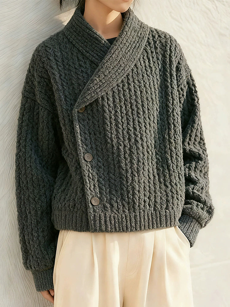 Women's 2025 Winter Old Money Style Knitted Sweater Jacket - Dark Gray-Green Fruit Collar Thick Thread Lazy Fit Top