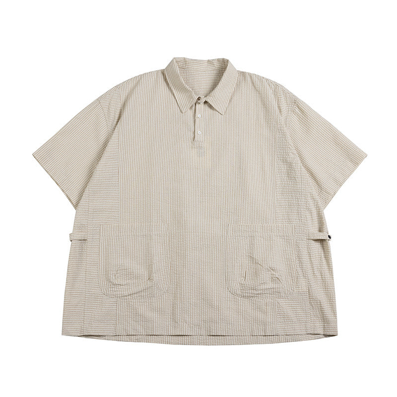 Retro Cityboy Stripe Stitching Half Placket Loose Short Sleeve Shirt - 100% Cotton Summer Top for Men | Japanese vintage | yamalin clothes | Yamalinclothes