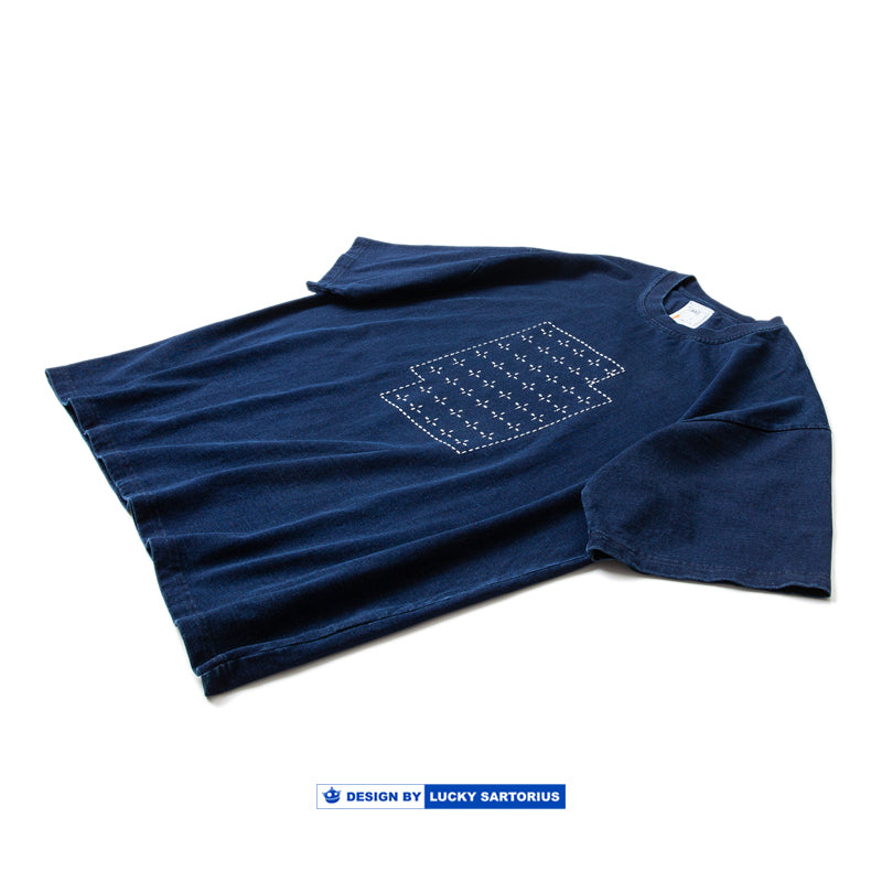 Blue-dyed hand-made thorn embroidery Cotton short-sleeved T-shirt