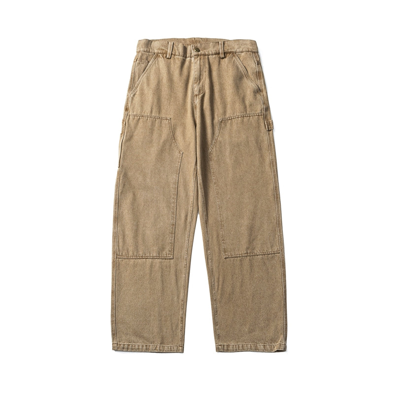 American retro fall/winter men's pants, heavyweight washed logging jeans, trendy straight-leg slacks, high street brown trousers