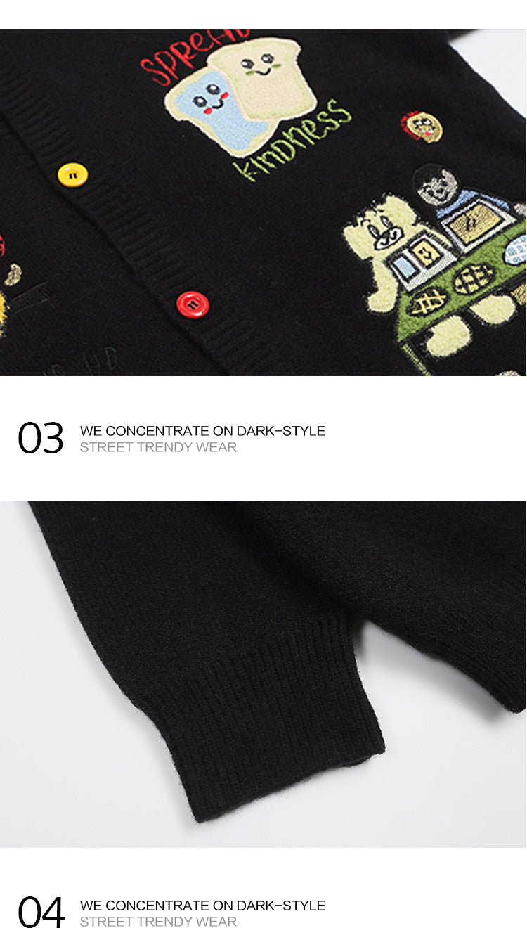 American fashion brand fun cartoon patch embroidered cardigan sweater men's winter age reduction lazy knit jacket
