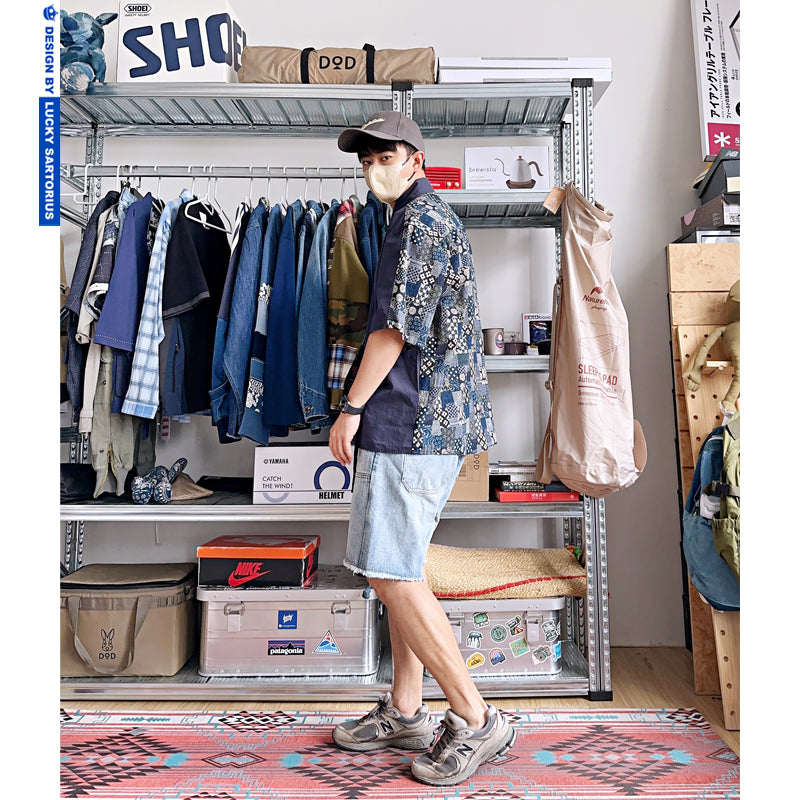 Chinese buckle ethnic front and back paneled shirt loose retro young men's summer cotton and linen short-sleeved shirt