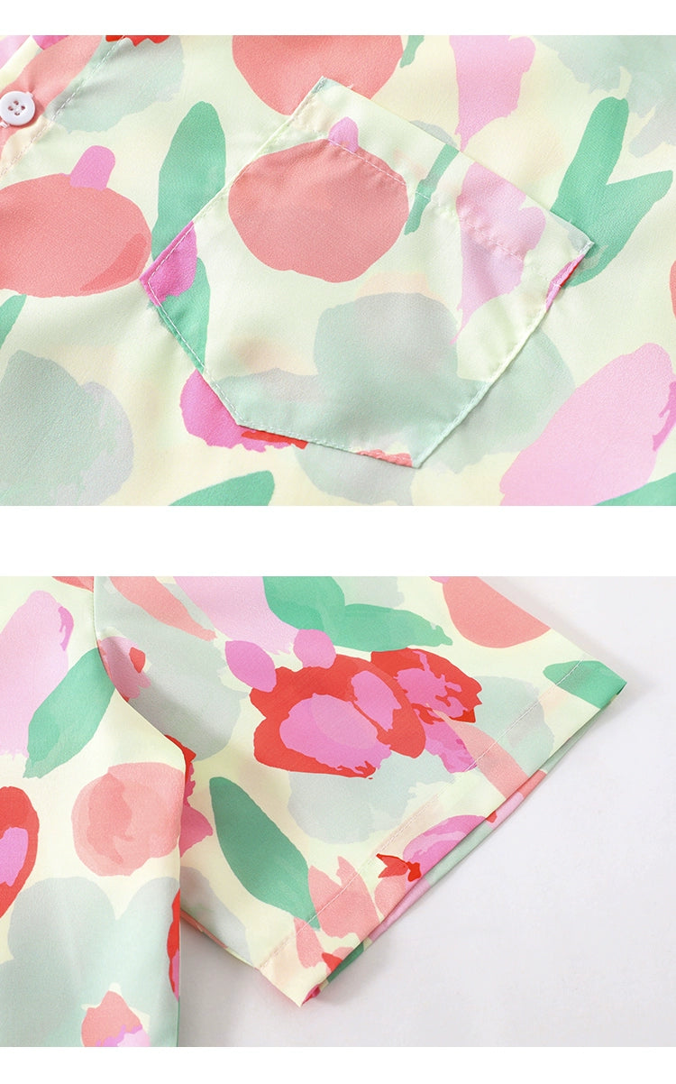 Vintage Hong Kong style printed short-sleeved shirt loose bf casual flower shirt for men and women