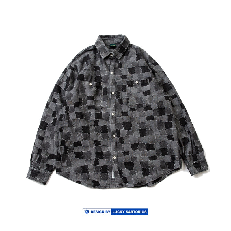 Autumn and winter Japanese patch plaid visual denim shirt cityboy loose version long-sleeved shirt jacket men's tide