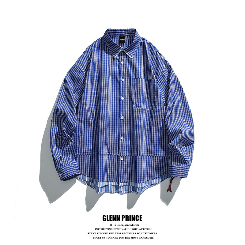 Japanese cityboy fake two-piece silhouette plaid shirt long sleeve men's retro loose couple coat