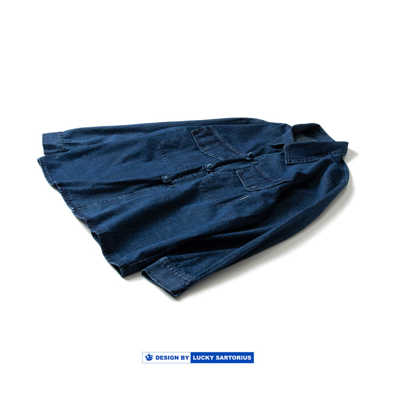 Chinese style plate button element cityboy loose shoulder sleeve profile washed indigo long-sleeved shirt jacket men
