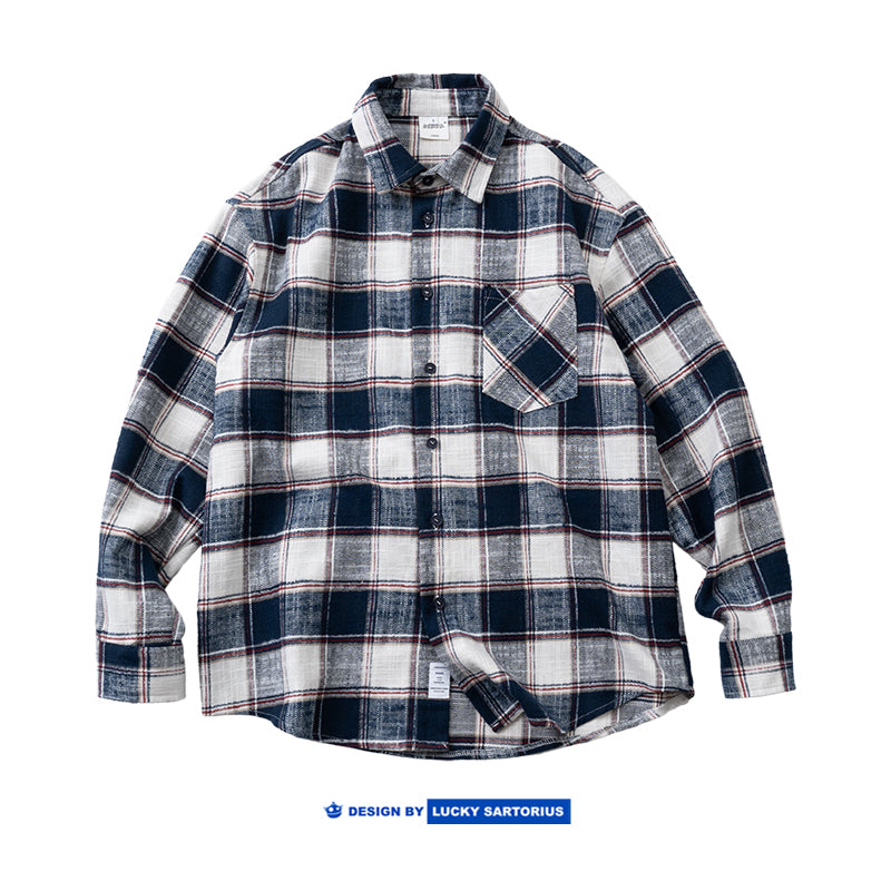 Japanese slub cotton thick long-sleeved plaid shirt
