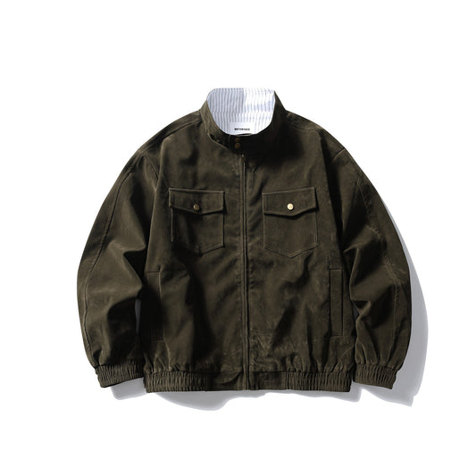 Stripe Patchwork Stand-Collar Harrington Jacket – Oversized Unisex