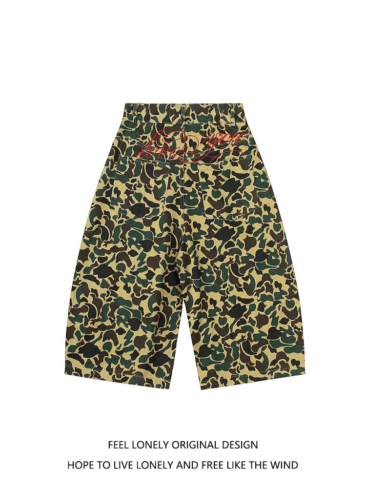 American retro camouflage jeans shorts, men's fashionable summer loose straight pants, street cropped pants