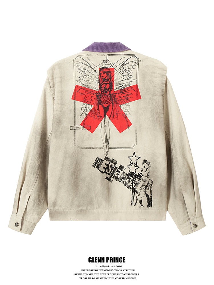 American vintage distressed graffiti contrast lapel Detroit jacket men's ruffian spring and autumn cargo coat